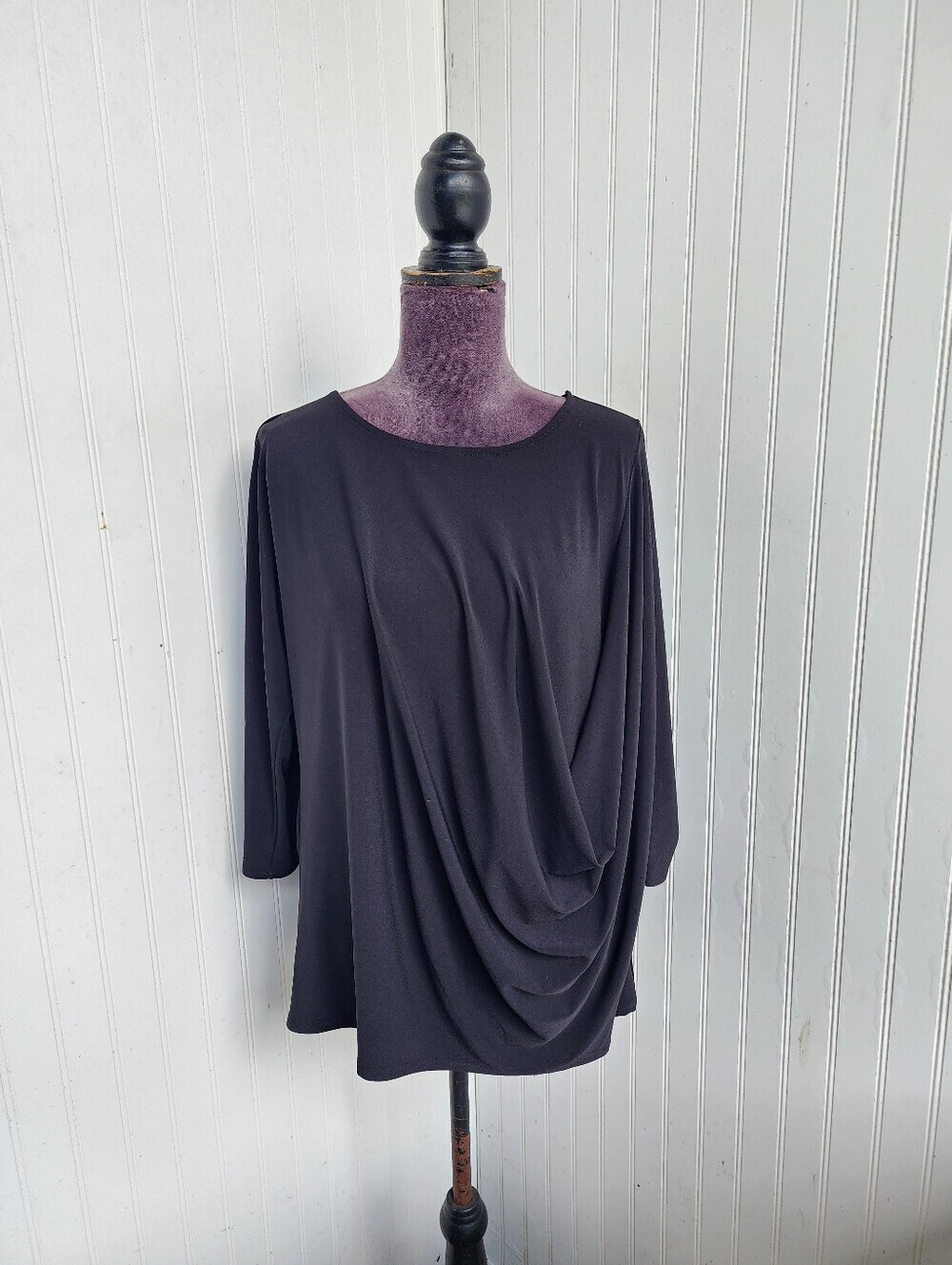 Alfani Womens Stretch Round Neck 3/4 Sleeve Tunic Top Blouse Black Drape Sz L
